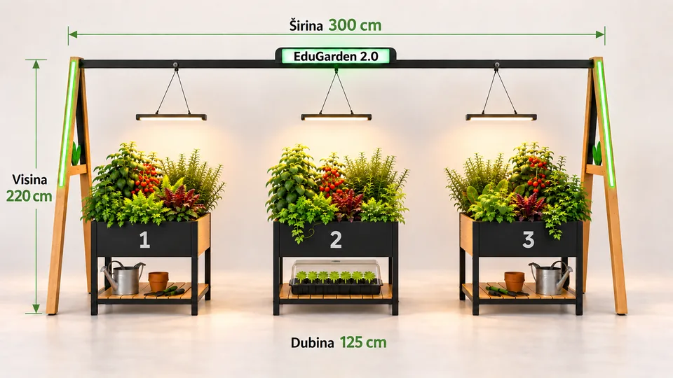 Dimenzije EduGarden 2.0: širina 300 cm, visina 220 cm, dubina 125 cm
