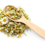Dried,Chamomile,Flowers,And,Wooden,Spoon,On,White,Background